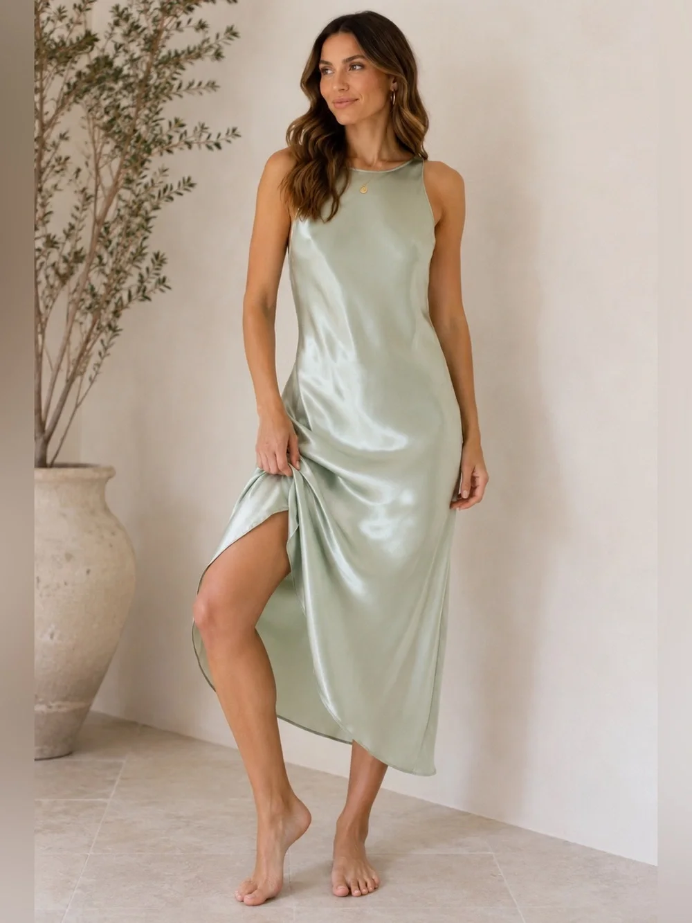 FREE PEOPLE Sunset Shimmer Midi Slip Dress Sage Green Foil NEW Size XL